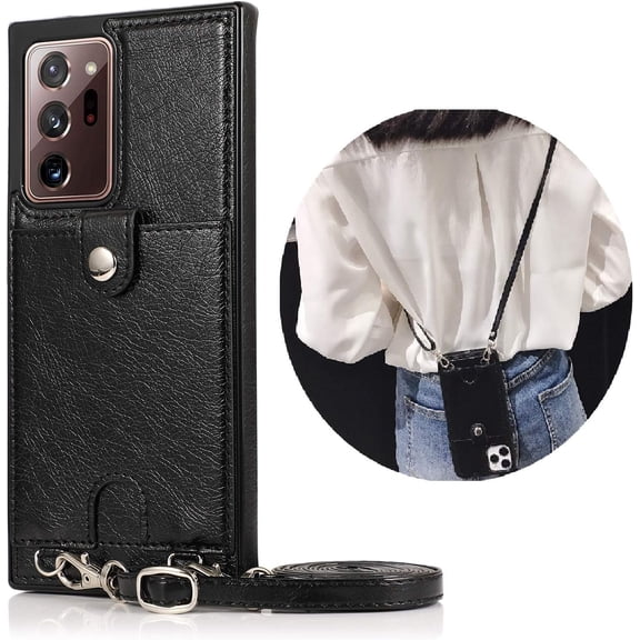 Galaxy Note 20 Ultra PU Leather Wallet Case,Necklace Crossbody Lanyard Case Cover with Card Holder Adjustable Detachable Anti-Lost Neck Strap Case for Samsung Galaxy Note 20 Ultra,Black