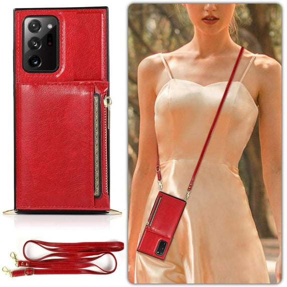 for Galaxy Note 20 Ultra Wallet Case with Crossbody Neck Strap Lanyard Purse Handbag Shoulder Strap Cover with PU Leather Credit ID Card Holder Kickstand Stand Case for Galaxy Note 20 Ultra Red