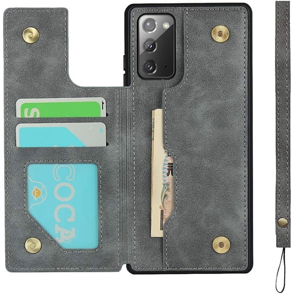 Galaxy Note 20 Wallet Case with Card Holder, Luxury PU Leather Kickstand Card Slots,Double Magnetic Clasp and Flip Wrist Strap Multi-Function Case for Samsung Galaxy Note 20 6.7",Gray