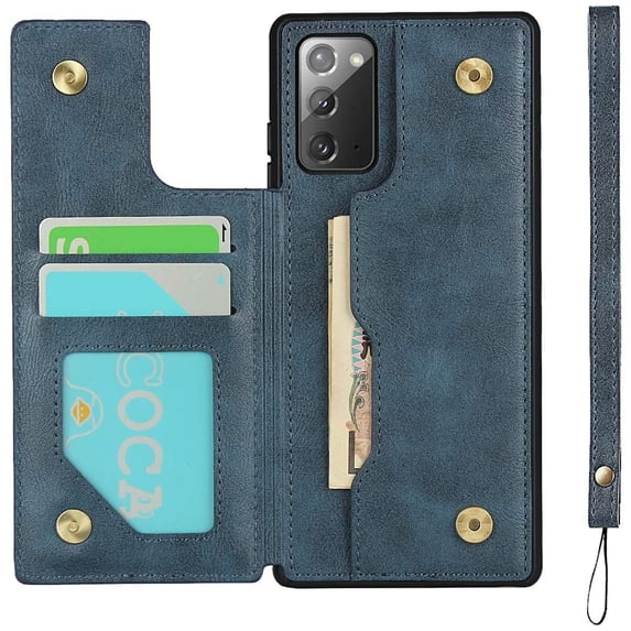 Galaxy Note 20 Wallet Case with Card Holder, Luxury PU Leather Kickstand Card Slots,Double Magnetic Clasp and Flip Wrist Strap Multi-Function Case for Samsung Galaxy Note 20 6.7",Blue