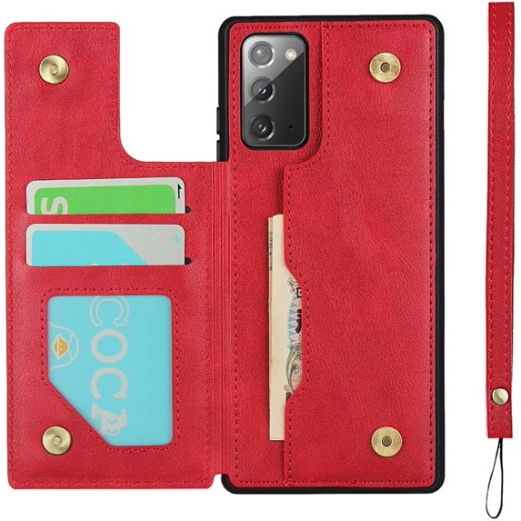 Galaxy Note 20 Wallet Case with Card Holder, Luxury PU Leather Kickstand Card Slots,Double Magnetic Clasp and Flip Wrist Strap Multi-Function Case for Samsung Galaxy Note 20 6.7",Red
