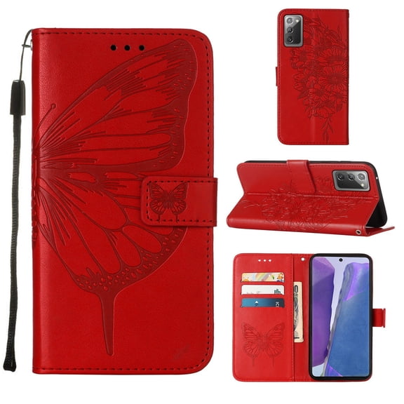 Galaxy Note 20 Wallet Case, Embossed Butterfly PU Leather Credit Card Holder Slots Full Body Protection Kickstand Flip Folio Shockproof TPU Phone Cover for Samsung Galaxy Note 20, Red
