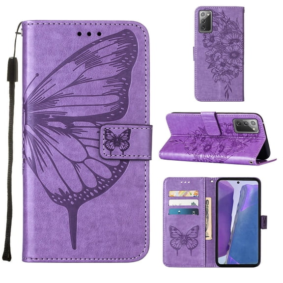 Galaxy Note 20 Wallet Case, Embossed Butterfly PU Leather Credit Card Holder Slots Full Body Protection Kickstand Flip Folio Shockproof TPU Phone Cover for Samsung Galaxy Note 20, Light Purple