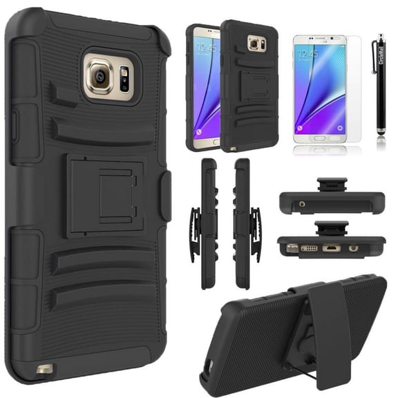 Galaxy Note 5 Case, Dual Layers [Combo Holster] Case And Built-In Kickstand Bundled with [Premium Screen Protector] Hybird Shockproof And Circlemalls Stylus Pen (Black)
