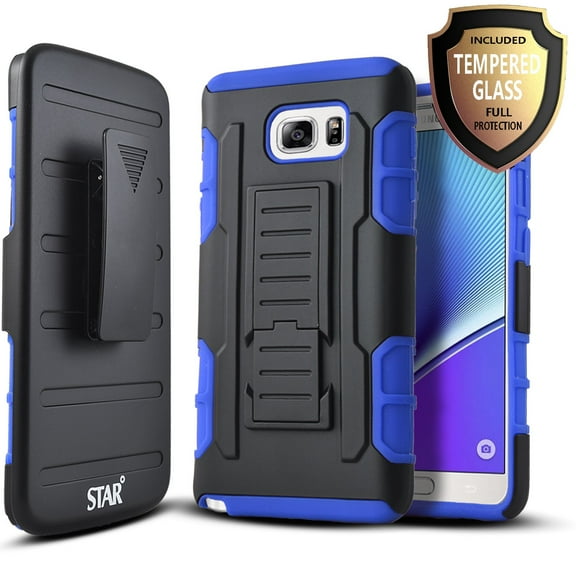 Galaxy Note 5 Case, With [Tempered Glass Screen Protector], Heavy Duty [Dual Layers] Full Coverage Dual Layer Phone Cover with Build in Kickstand and Locking Belt Clip-Blue