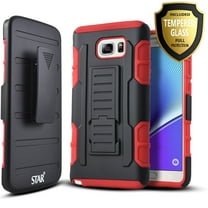 Galaxy Note 5 Case, With [Tempered Glass Screen Protector], Heavy Duty [Dual Layers] Full Coverage Dual Layer Phone Cover with Build in Kickstand and Locking Belt Clip-Red