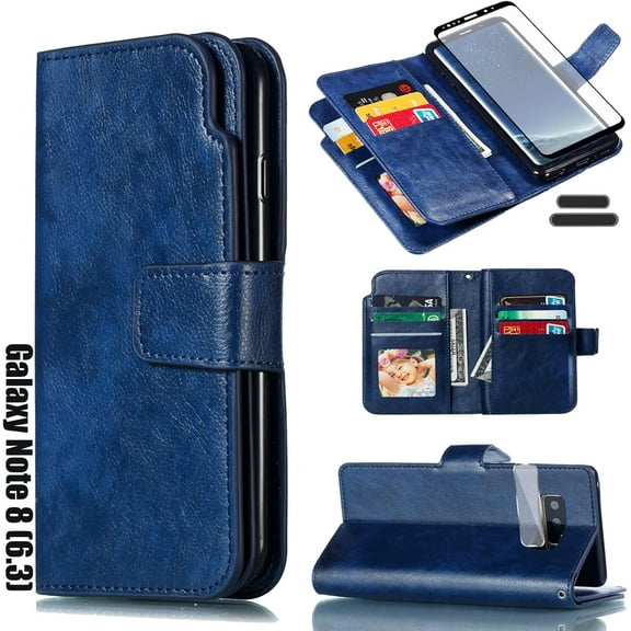 for Galaxy Note 8 6.3 Inch Wallet Case [3+ Card Slots] ID Business Card Credit Card Slot Carry Pouch with Stand Double Sided Multi-Card Slot Flip Folding PU Wallet Leather Case (Blue)