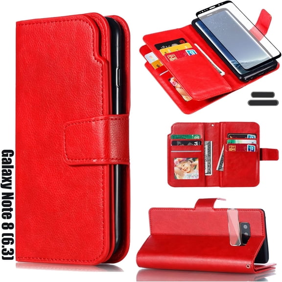 for Galaxy Note 8 6.3 Inch Wallet Case [3+ Card Slots] ID Business Card Credit Card Slot Carry Pouch with Stand Double Sided Multi-Card Slot Flip Folding PU Wallet Leather Case (Red)