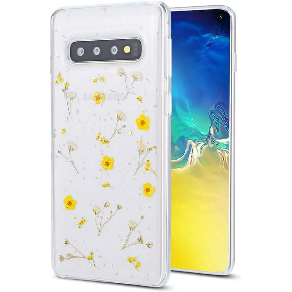 Galaxy Note 8 Flower Case, Soft Clear Flexible Rubber Pressed Dry Real Flowers Case Girls Glitter Floral Cover for Samsung Galaxy Note 8 -Yellow