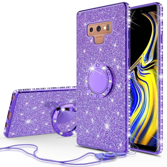 Galaxy Note 9 Case,For Samsung Galaxy Note 9 Cute Glitter Phone Case Kickstand Bling Diamond Rhinestone Ring Stand Shock Proof Sparkly Clear Cover for Girls Women - Purple