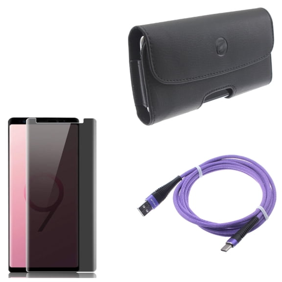 Galaxy Note 9 - Privacy Screen Protector w Case Belt Clip w 10ft USB Cable - Tempered Glass Curved Anti-Spy, Leather Holster Cover, Purple Type-C Charger Cord for Samsung Galaxy Note 9