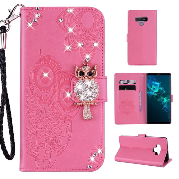 Galaxy Note 9 Wallet Case, Allytech PU Leather Glitter Owl Full Protective Kickstand Folio Flip Hand Strap Girls Women Anti-Slip Shock-Absorption Cases and Covers for Samsung Galaxy Note 9, Pink