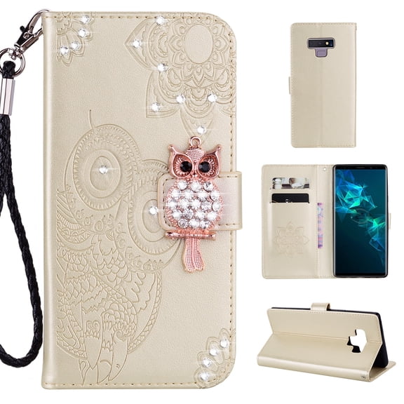 Galaxy Note 9 Wallet Case, Allytech PU Leather Glitter Owl Full Protective Kickstand Folio Flip Hand Strap Girls Women Anti-Slip Shock-Absorption Cases and Covers for Samsung Galaxy Note 9, Gold