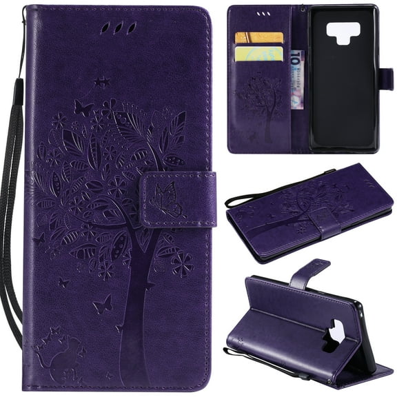 Galaxy Note 9 Wallet Case, Allytech Samsung Note 9 Edge [Embossed Cat & Tree] PU Leather Full Body Protective Case Folio Flip Stand Cover with Card Holder for Samsung Galaxy Note 9, Purple