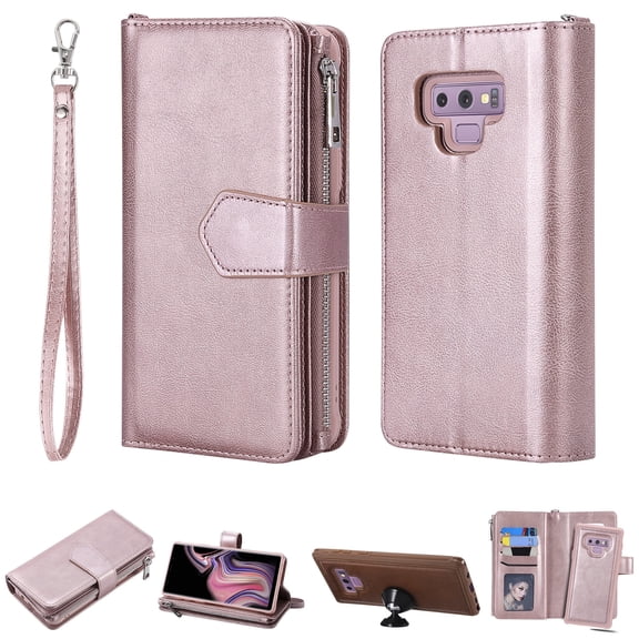 Galaxy Note 9 Wallet Case, Galaxy Note 9 Stand Cover, Allytech Premium PU Leather Wallet Purse Zipper Pocket With 6 Card Slots, Detachable Magnetic Back Case for Samsung Galaxy Note 9, Rosegold