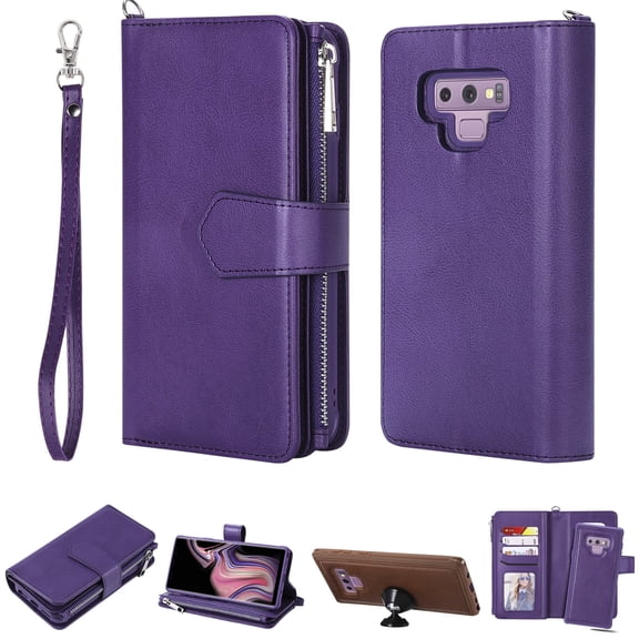 Galaxy Note 9 Wallet Case, Galaxy Note 9 Stand Cover, Allytech Premium PU Leather Wallet Purse Zipper Pocket With 6 Card Slots, Detachable Magnetic Back Case for Samsung Galaxy Note 9, Purple