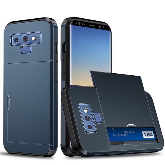 for Galaxy Note 9 Wallet Case with Sliding Door Hidden Pocket Credit Card Holder Dual Layer Heavy Duty Shockproof Hard PC Hybrid TPU Flip Protective Cover for Samsung Galaxy Note 9, Darkblue