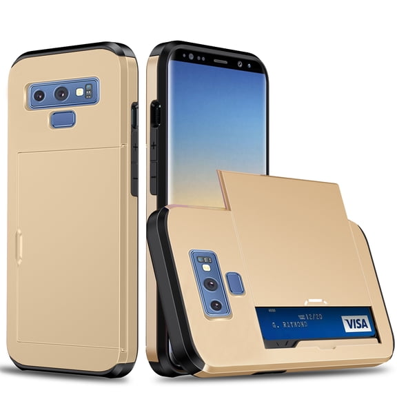 for Galaxy Note 9 Wallet Case with Sliding Door Hidden Pocket Credit Card Holder Dual Layer Heavy Duty Shockproof Hard PC Hybrid TPU Flip Protective Cover for Samsung Galaxy Note 9, Gold