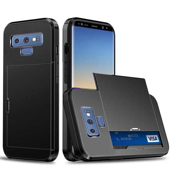 for Galaxy Note 9 Wallet Case with Sliding Door Hidden Pocket Credit Card Holder Dual Layer Heavy Duty Shockproof Hard PC Hybrid TPU Flip Protective Cover for Samsung Galaxy Note 9, Black