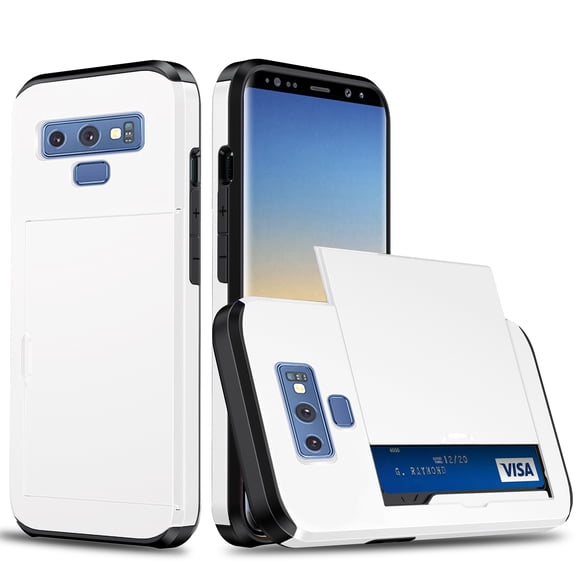 for Galaxy Note 9 Wallet Case with Sliding Door Hidden Pocket Credit Card Holder Dual Layer Heavy Duty Shockproof Hard PC Hybrid TPU Flip Protective Cover for Samsung Galaxy Note 9, White