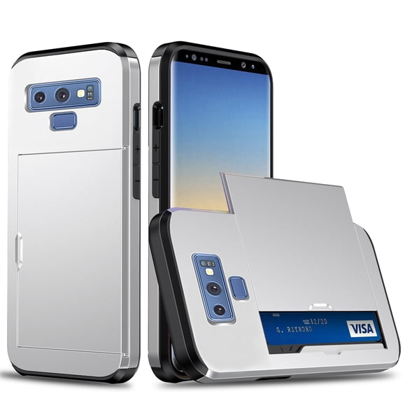 for Galaxy Note 9 Wallet Case with Sliding Door Hidden Pocket Credit Card Holder Dual Layer Heavy Duty Shockproof Hard PC Hybrid TPU Flip Protective Cover for Samsung Galaxy Note 9, Silver