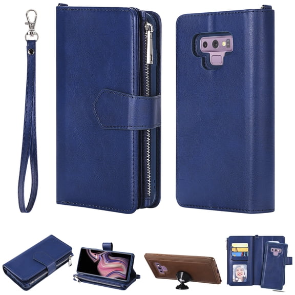 Galaxy Note 9 Wallet Case, Galaxy Note 9 Stand Cover, Allytech Premium PU Leather Wallet Purse Zipper Pocket With 6 Card Slots, Detachable Magnetic Back Case for Samsung Galaxy Note 9, Blue