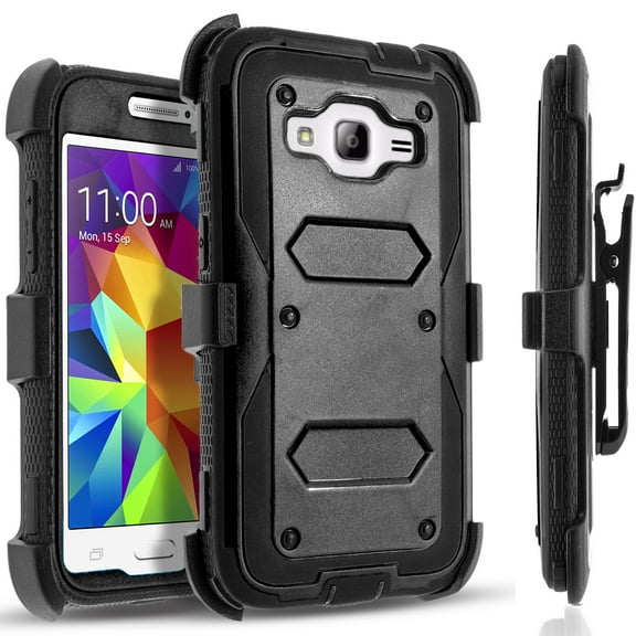 Galaxy On5 Case, [SUPER GUARD] Dual Layer Protection With [Built-in Screen Protector] Holster Locking Belt Clip+Circle(TM) Stylus Touch Screen Pen (Black)