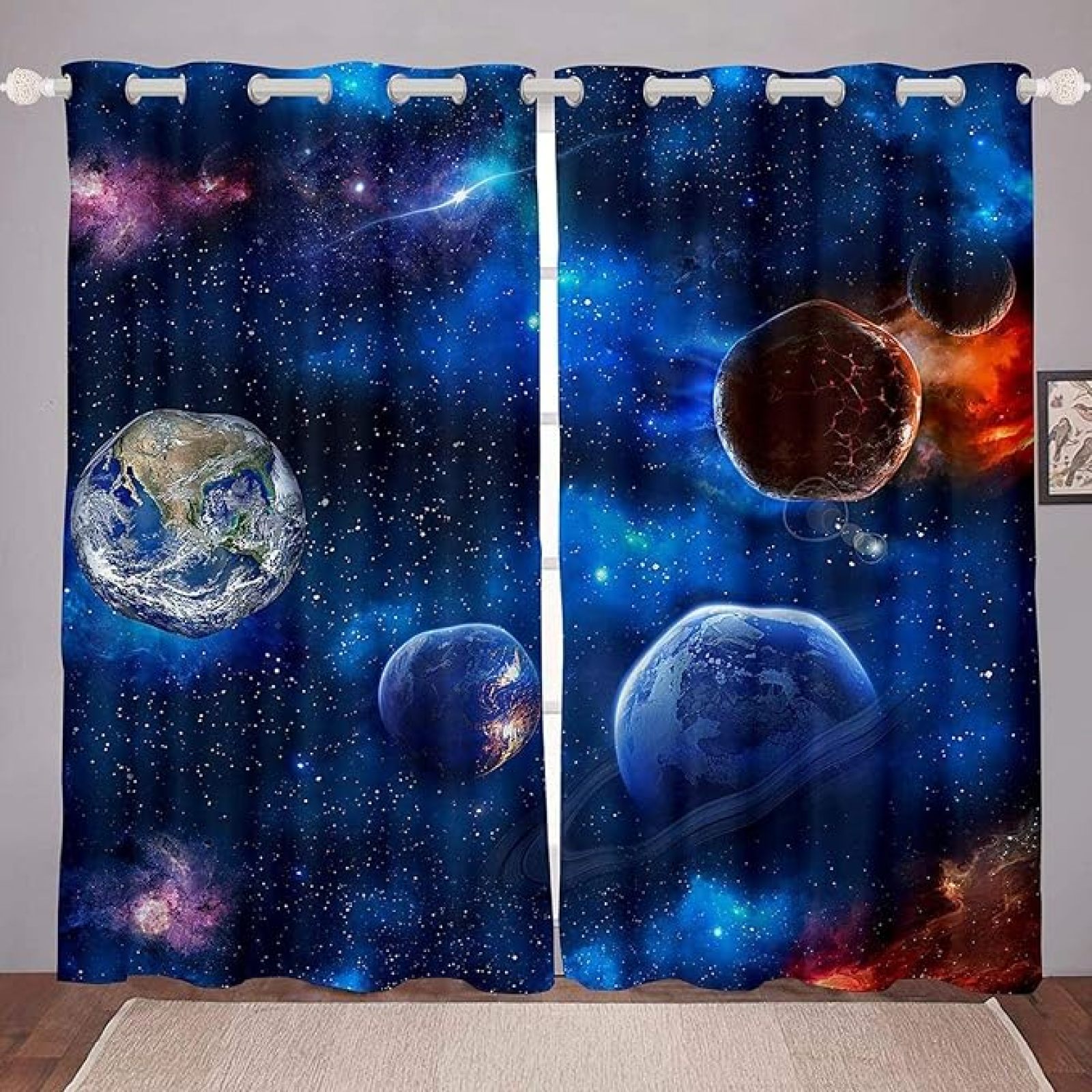 Galaxy Outer Space Blackout Curtains, 3D Starry Sky Planet Print Window
