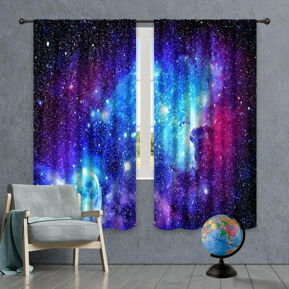Galaxy Outer Space Nebula Curtains (2 Panels 42 x 63 Inch) Blue Rod Pocket Universe Planets Boys Fantasy Starry Black Art Printed Living Room Bedroom Window Drapes Treatment Fabric WW-CLLE