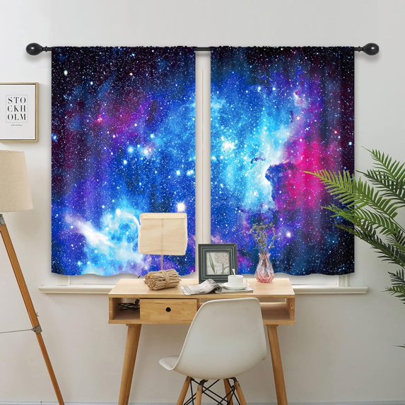 Galaxy Outer Space Nebula Kitchen Curtains (2 Panels 27.5 x 39 Inch) Blue Rod Pocket Universe Planets Fantasy Starry Art Printed Living Room Bedroom Window Drapes Treatment Fabric WW-CLLE