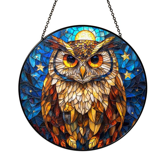 Galaxy Owl Faux Stained Glass Suncatcher Window Hanging, Celestial Bird Window Decor with Gothic Style
