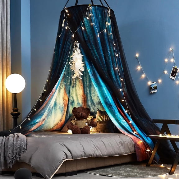 Galaxy Pattern Printed Round Dome Bed Canopy with Lace Trim and Mosquito Netting Aurora