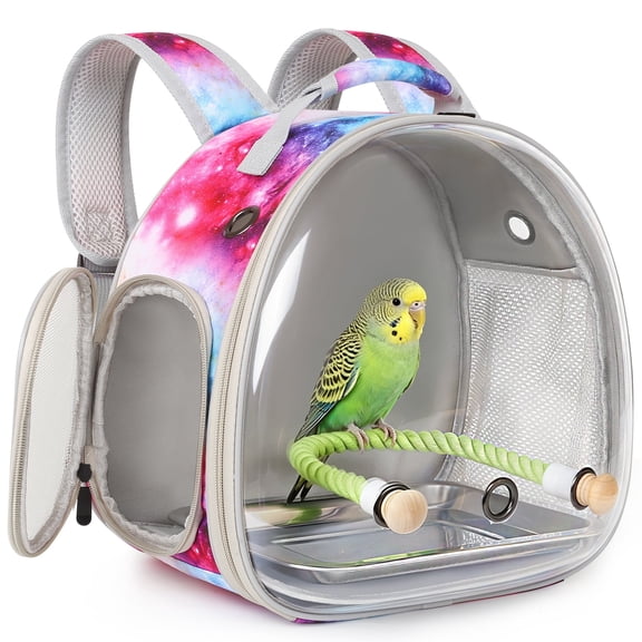 Galaxy Pink Small Bird Travel Backpack Carrier with Metal Tray and Rope Perch, Clear Bubble Window Space Capsule Book Bag to Carry and Transport Parakeet Parrot