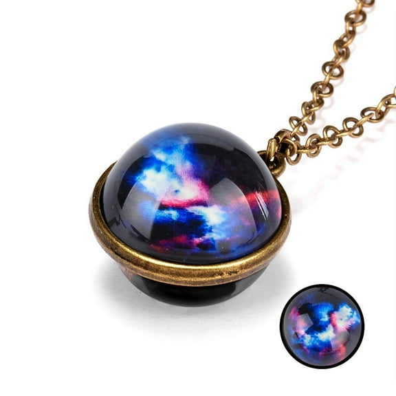 Galaxy Planet Pendant Necklace Glow in Dark Double Side Glass Ball Moon Earth Astronomy Universe Necklace Luminios Gemstone Necklace for Women Men Friends Gift