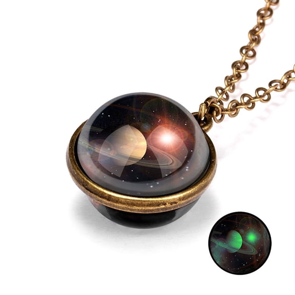Galaxy Planet Pendant Necklace Glow in Dark Double Side Glass Ball Moon Earth Astronomy Universe Necklace Luminios Gemstone Necklace for Women Men Friends Gift