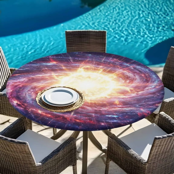 Galaxy Planet Theme Round Fitted Tablecloth with Elastic Edge,Waterproof Table Cloth Fits Tables Up to 45"-54",Wipeable Washable Table Cover for Indoor Outdoor Dinning Party,Moon Outer Space