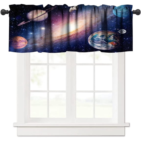 Galaxy Planet Valance Curtain Outer Space Universe Nebula Stars Starry Sky Rod Pocket Valance Window Treatments 1 Panel Short Curtains for Kitchen Living Room Bedroom Decor 54x18 in