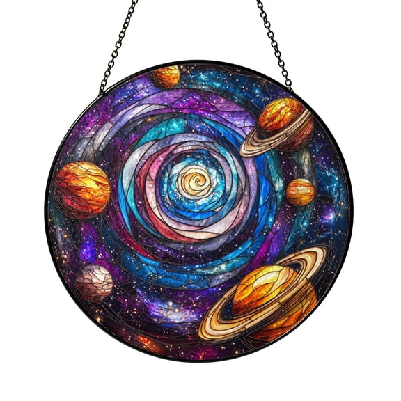 Galaxy Planets Stained Glass-Style Window Suncatcher, Real Glass Window Hanging for Cosmic Window Art and Celestial Theme Home Decoration