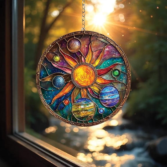Galaxy Planets Stained Glass Suncatcher - Stained Glass Window Hanging, Celestial Art Design, Astronomy Decor, Unique Gift for Space Lovers, Home Accent & Wall Decoration