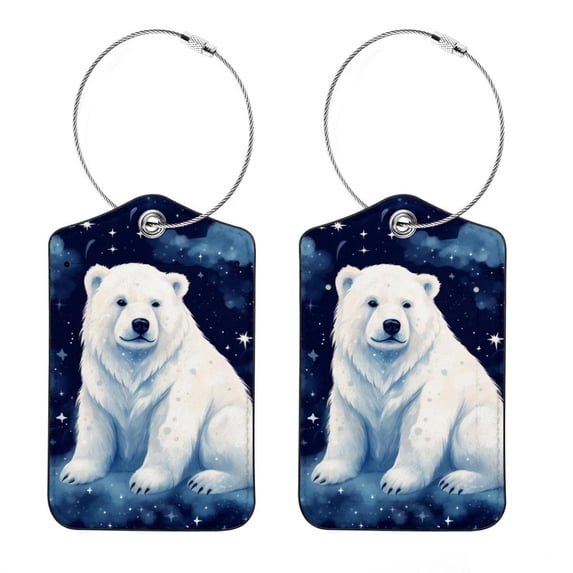 Galaxy Polar Bear Square PU Leather Luggage Tags - 2 Pack with Privacy Cover and Stainless Steel Ring - Suitable for Travel, Backpack, Handbag - Suitcase Tags, Travel Tag