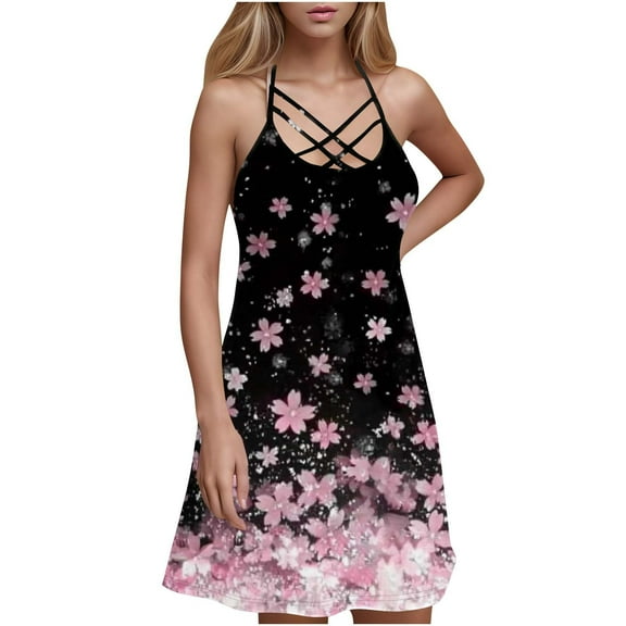 Galaxy Print Dress for Women Summer Sleeveless Casual A Line Tank Sundress Criss Cross V Neck Mini Dress