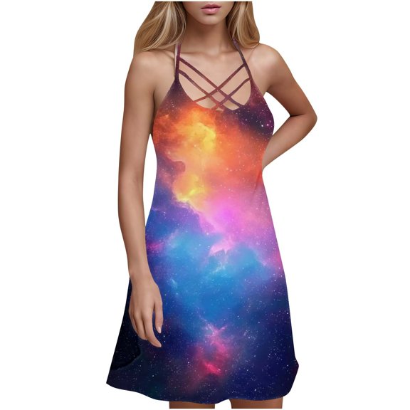 Galaxy Print Dress for Women Summer Sleeveless Casual A Line Tank Sundress Criss Cross V Neck Mini Dress