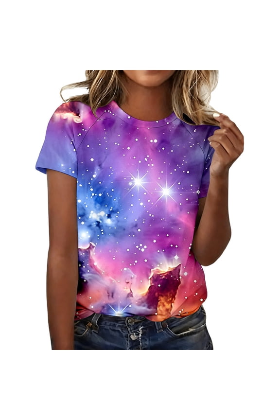 Galaxy Print Raglan Short Sleeve Tee for Everyday Comfort Women's Casual TOP with Cosmic Star Pattern