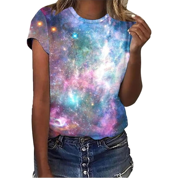 Galaxy Print Shirts for Womens Round Neck Short Sleeve T Shirt Carnival Loose Tops Casual Women's Blouses C-Blue XL