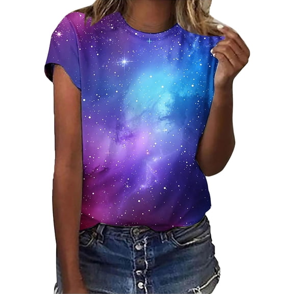 Galaxy Print Shirts for Womens Round Neck Short Sleeve T Shirt Carnival Loose Tops Casual Women's Blouses E-Blue L