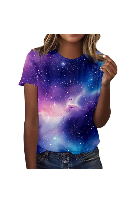 Galaxy Print Short Sleeve T Shirt For Round Neck Casual Graphic Tee Soft Blouse Everyday Comfort Top