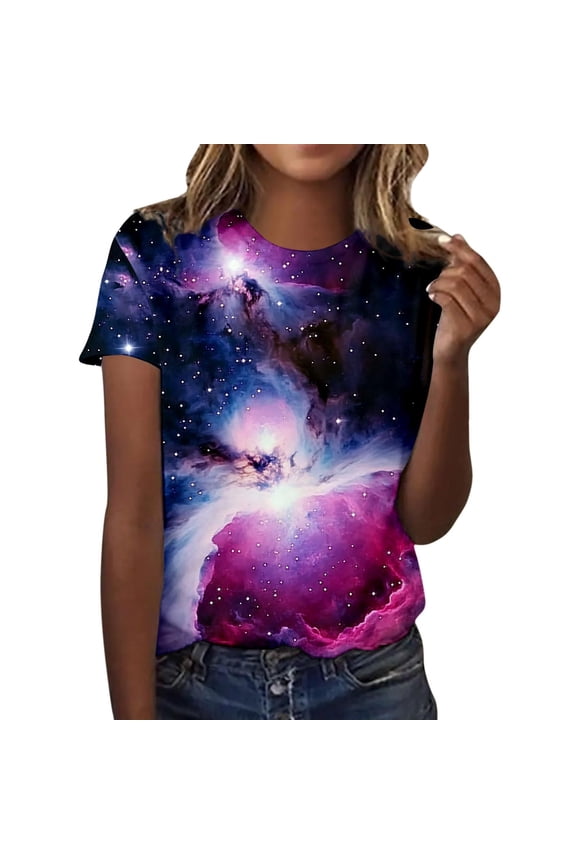 Galaxy Print Short Sleeve T Shirt For Round Neck Casual Tee Top With Cosmic Star Pattern Comfortable Daily Wear