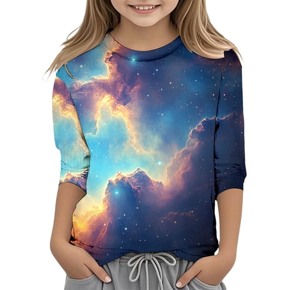 Galaxy Print T Shirts for Toddler Girls 3/4 Sleeve Fashion Blouse T-Shirt Comfortable & Soft Loose T-Shirt Top Tees,Sky Blue,12-13 Years