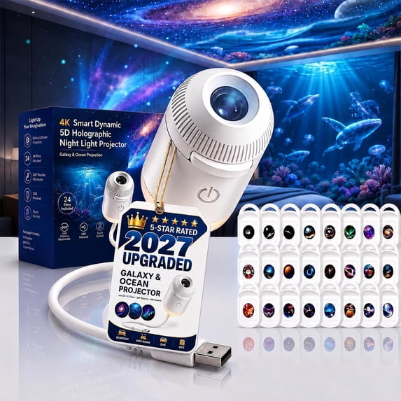 Galaxy Projector Night Light, 2-in-1 5D Holographic Star Ocean Projector, 360° USB Ceiling Lamp with 24 Films