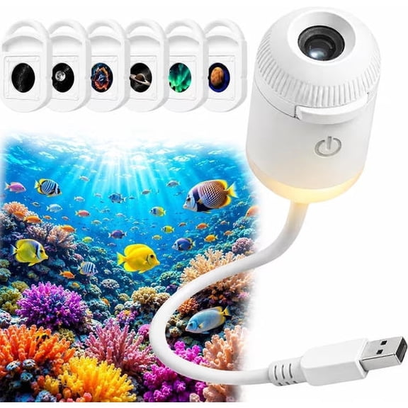 Galaxy Projector Night Light 2-in-1 LED Star & Ocean Projection with 6 HD Slides, Flexible 360° Adjustable Arm, USB Powered, White ABS Freestanding